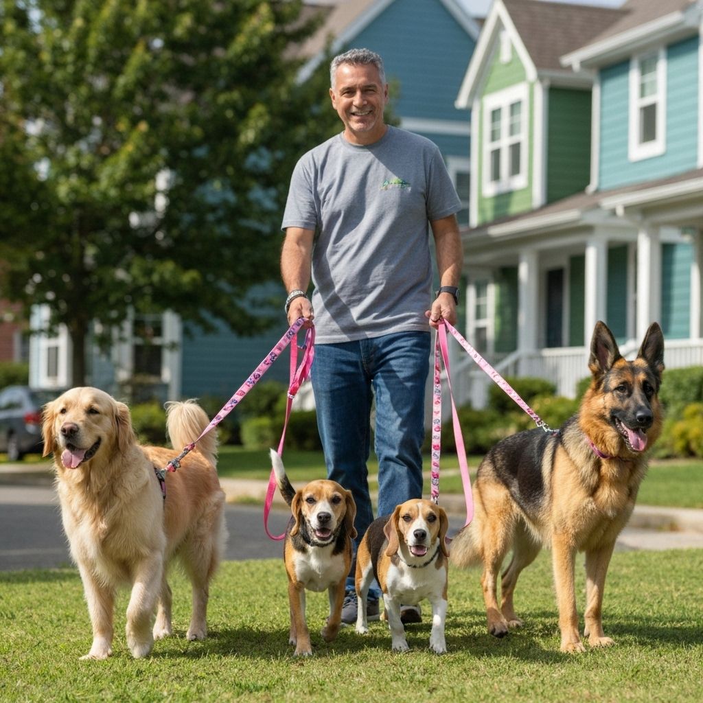 Professional pet sitter walking dogs in neighborhood